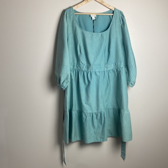 Ava & Viv Tiered Dress Tie Back Balloon Sleeve A Line Acid Wash Green Size 1X - Picture 12 of 14